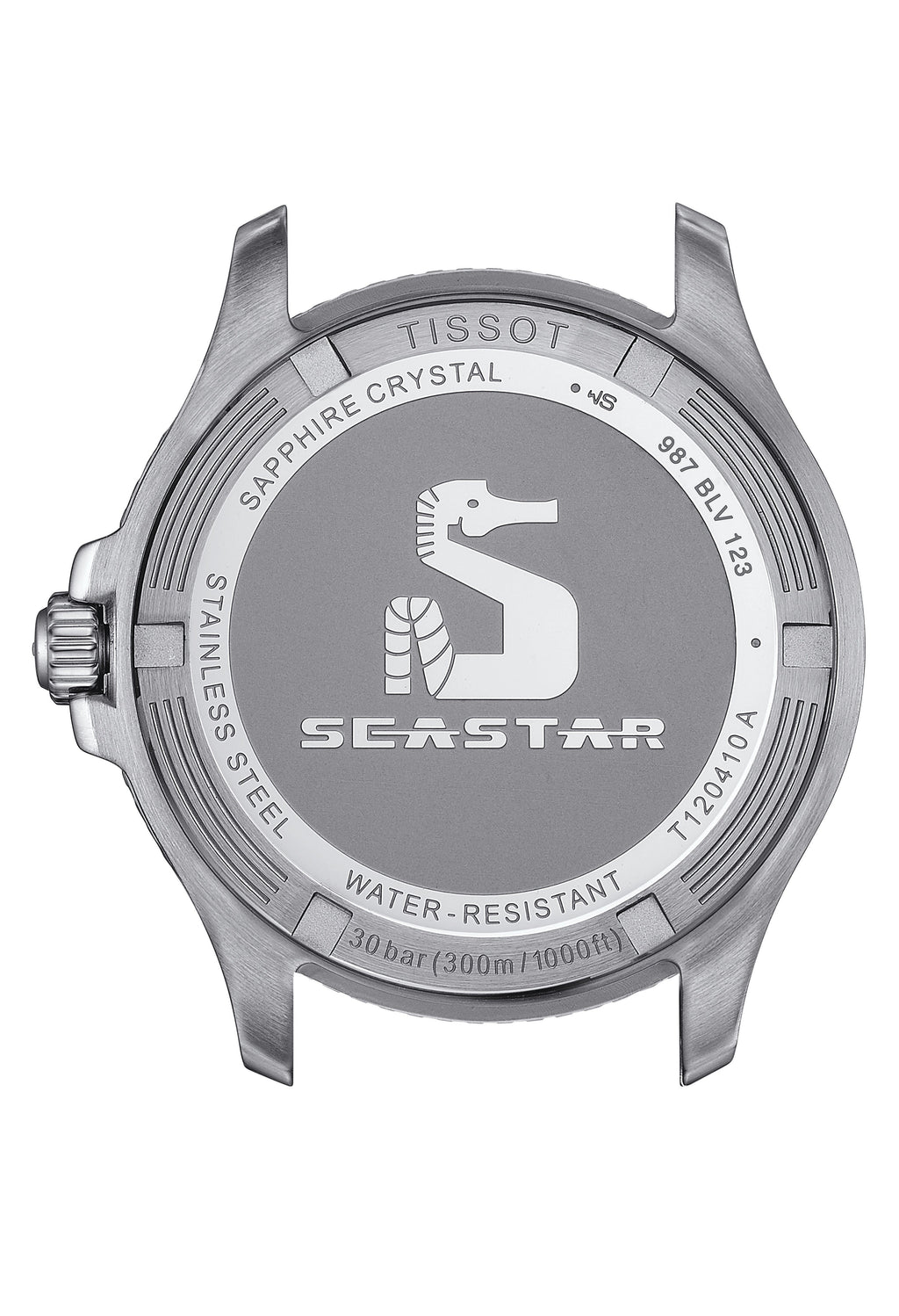 Tissot Seastar watch caseback detail with model number T120410A, seahorse logo, water resistance and sapphire crystal.