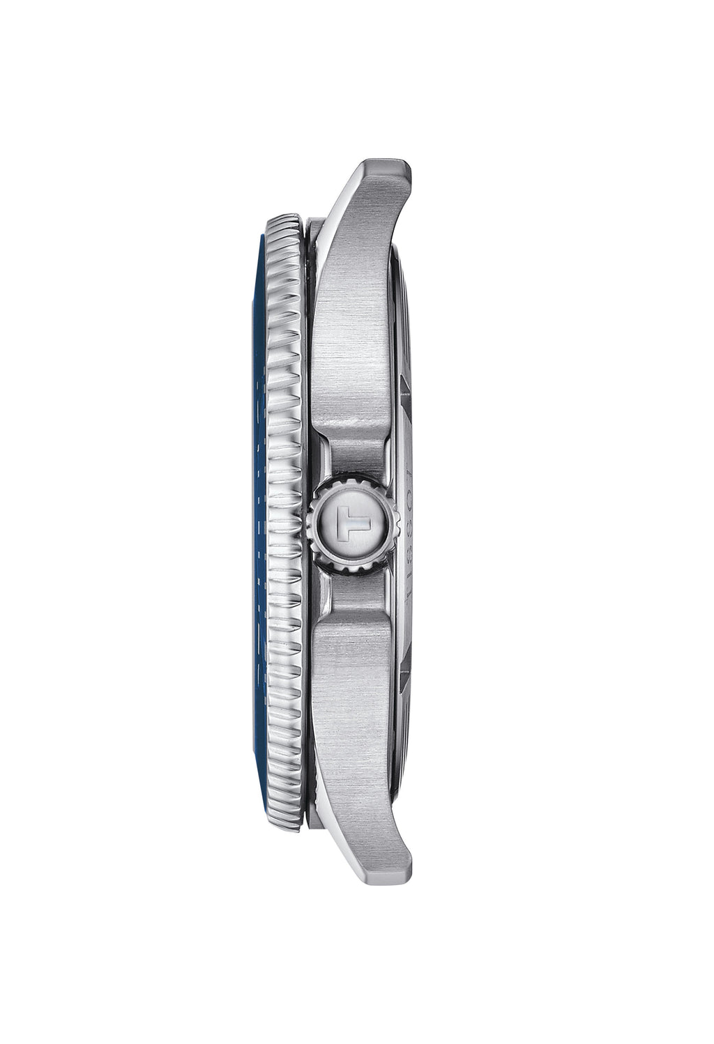 Side view of the Tissot Seastar 1000 watch showing stainless steel case, bezel, and branded crown.
