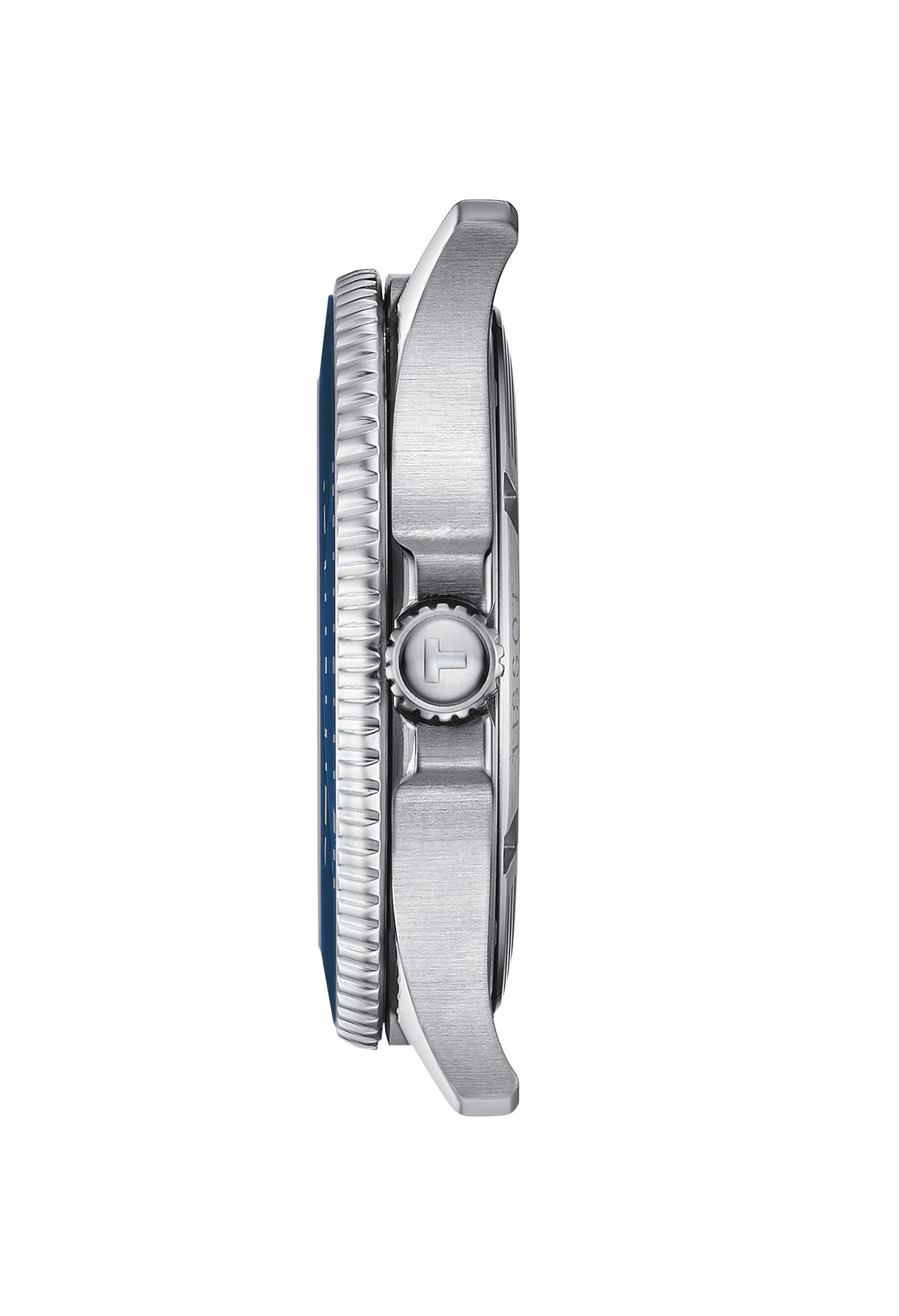 Side view of the Tissot Seastar 1000 watch showing stainless steel case, bezel, and branded crown.