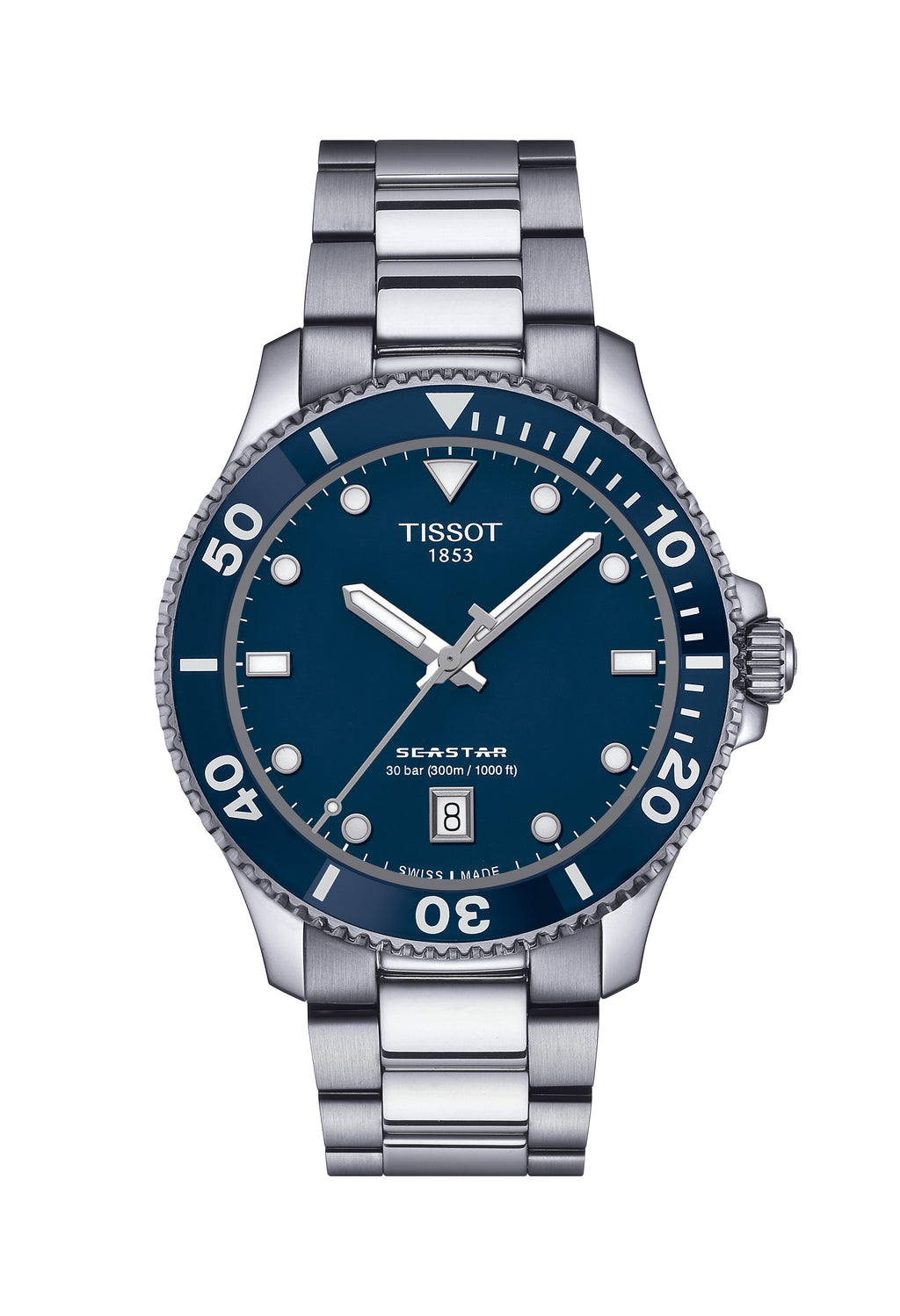 Close-up of the Tissot Seastar 1000 watch, showcasing its blue dial, stainless steel bracelet, and water resistance (30