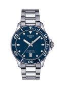 Close-up of the Tissot Seastar 1000 watch, showcasing its blue dial, stainless steel bracelet, and water resistance (30