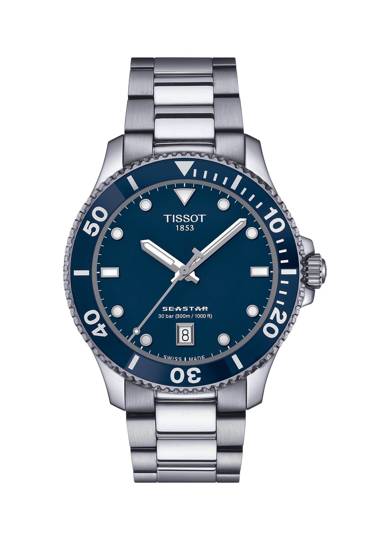 Close-up of the Tissot Seastar 1000 watch, showcasing its blue dial, stainless steel bracelet, and water resistance (30