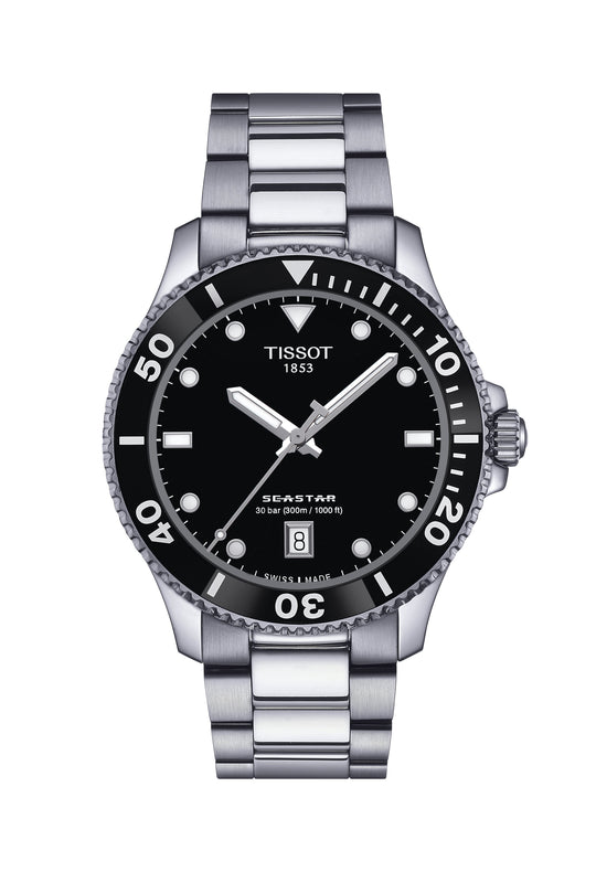 Mens Tissot 40mm Black Dial Seastar 1000 Stainless Steel Bracelet Watch
