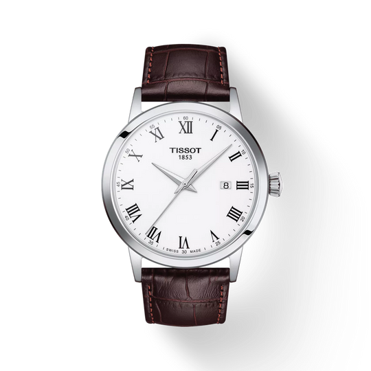 Tissot Mens Classic Dream White Roman Numeral Dial Strap Watch T1294101601300