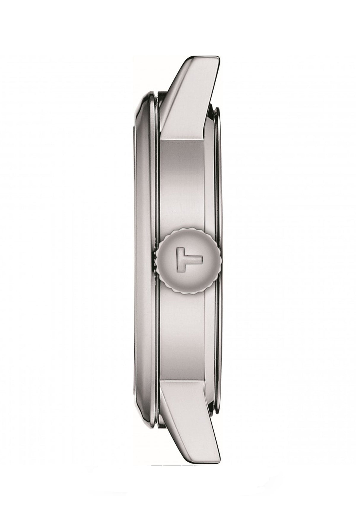 Side view of a Tissot Classic Dream ladies' stainless steel watch showing the crown and band attachment detail.