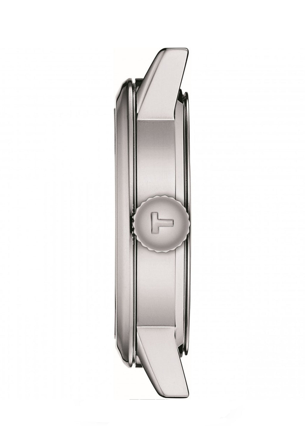 Side view of a Tissot Classic Dream ladies' stainless steel watch showing the crown and band attachment detail.