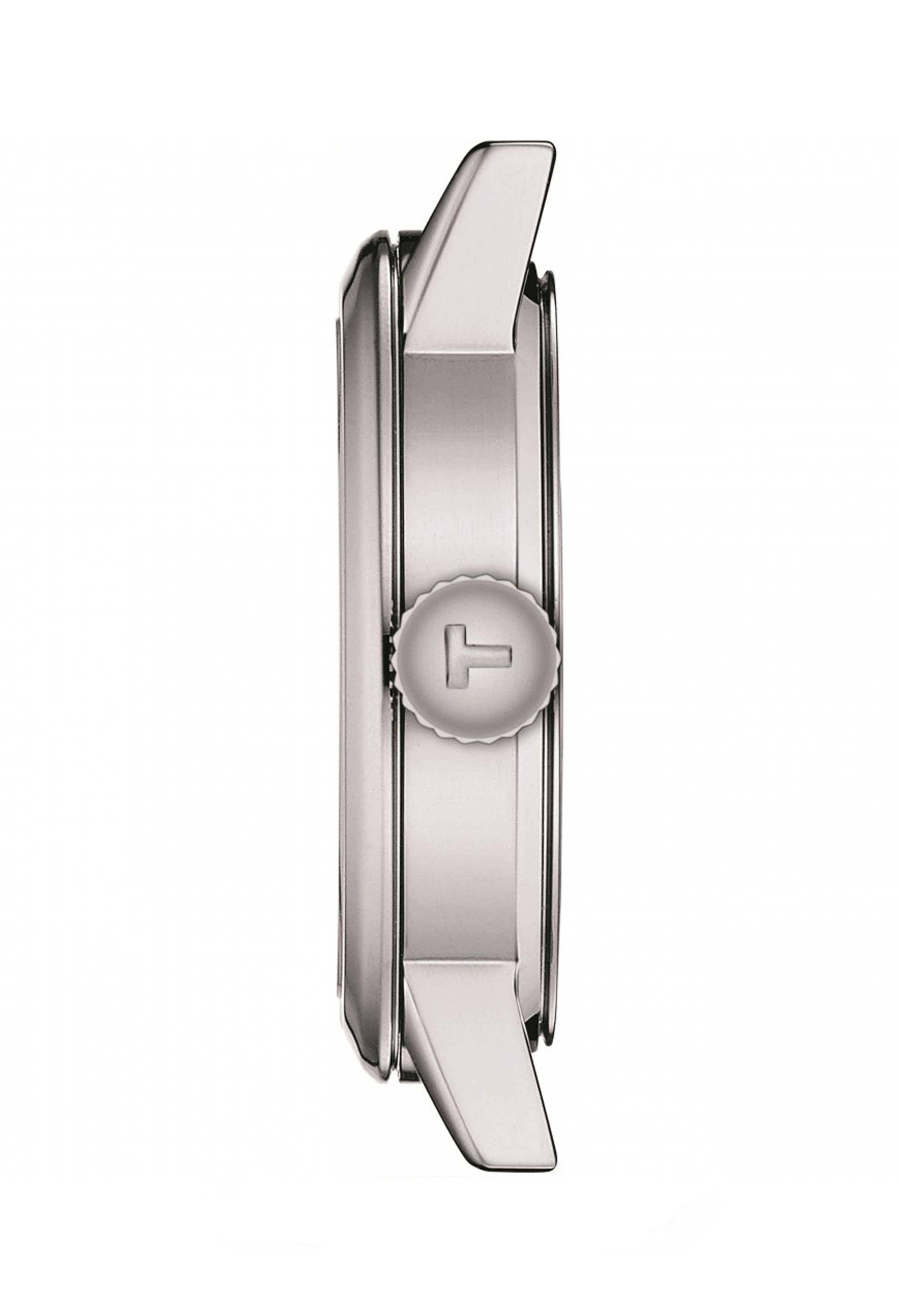 Side view of a Tissot Classic Dream ladies' stainless steel watch showing the crown and band attachment detail.