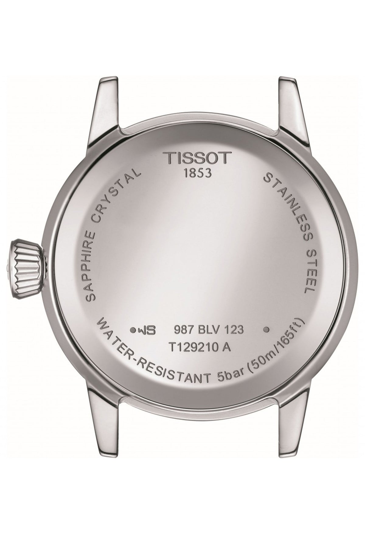 Watch caseback detail showing Tissot's stainless steel, water-resistant, and sapphire crystal construction. Model T129210A.