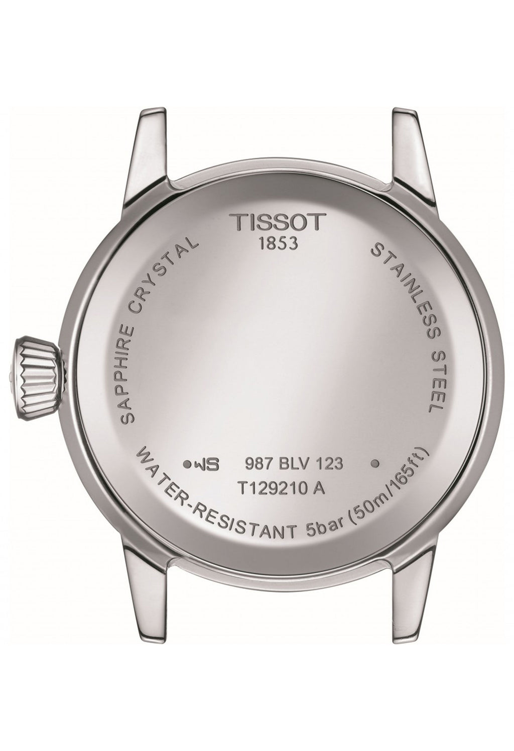 Watch caseback detail showing Tissot's stainless steel, water-resistant, and sapphire crystal construction. Model T129210A.