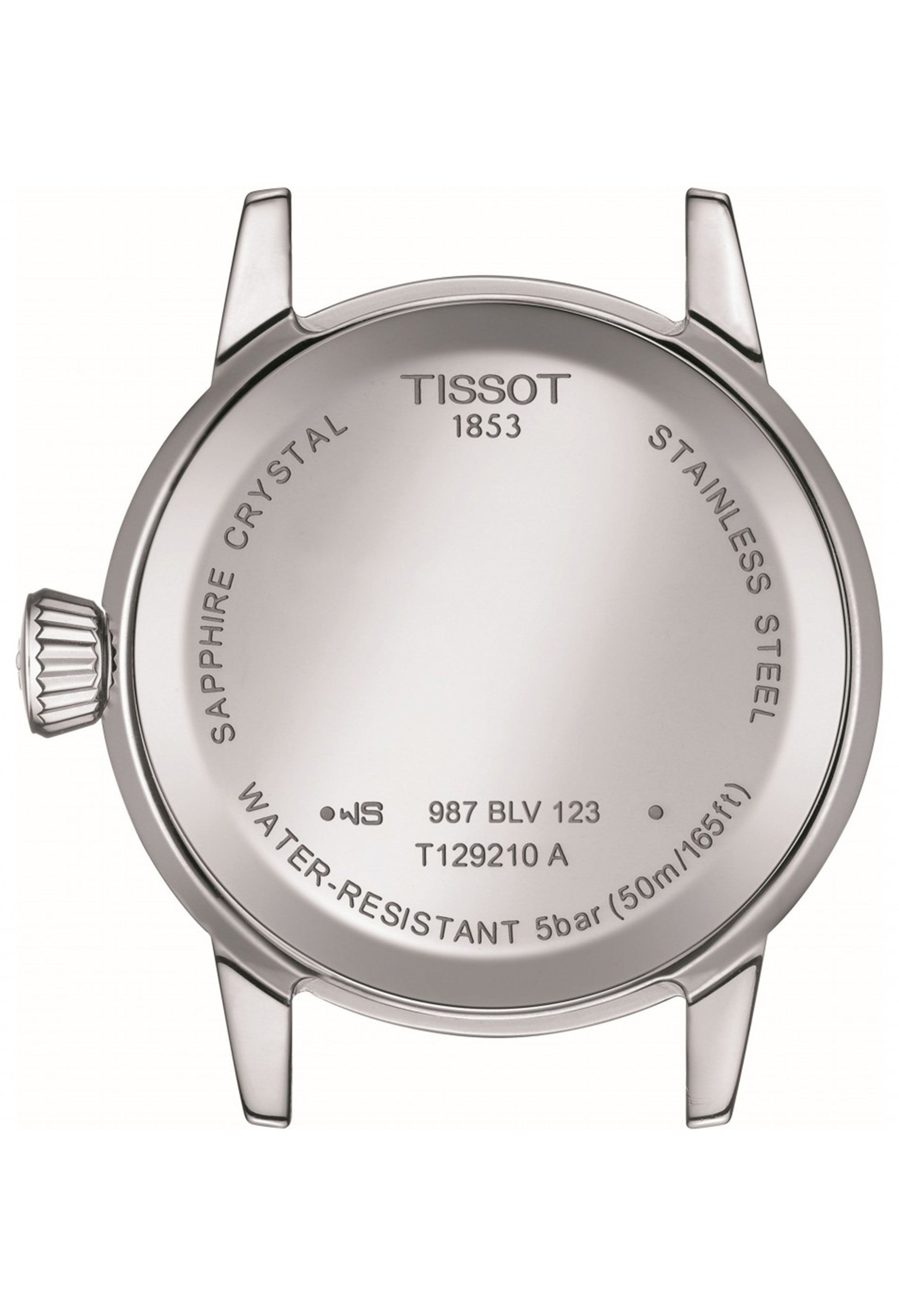 Watch caseback detail showing Tissot's stainless steel, water-resistant, and sapphire crystal construction. Model T129210A.