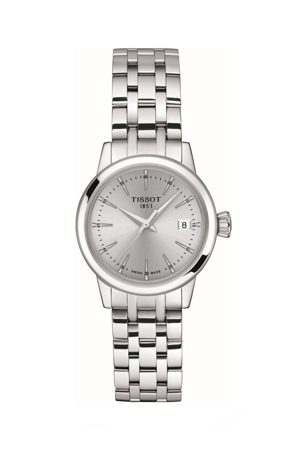 Close-up of the Tissot Classic Dream stainless steel watch featuring a clear view of the watch face & date display.