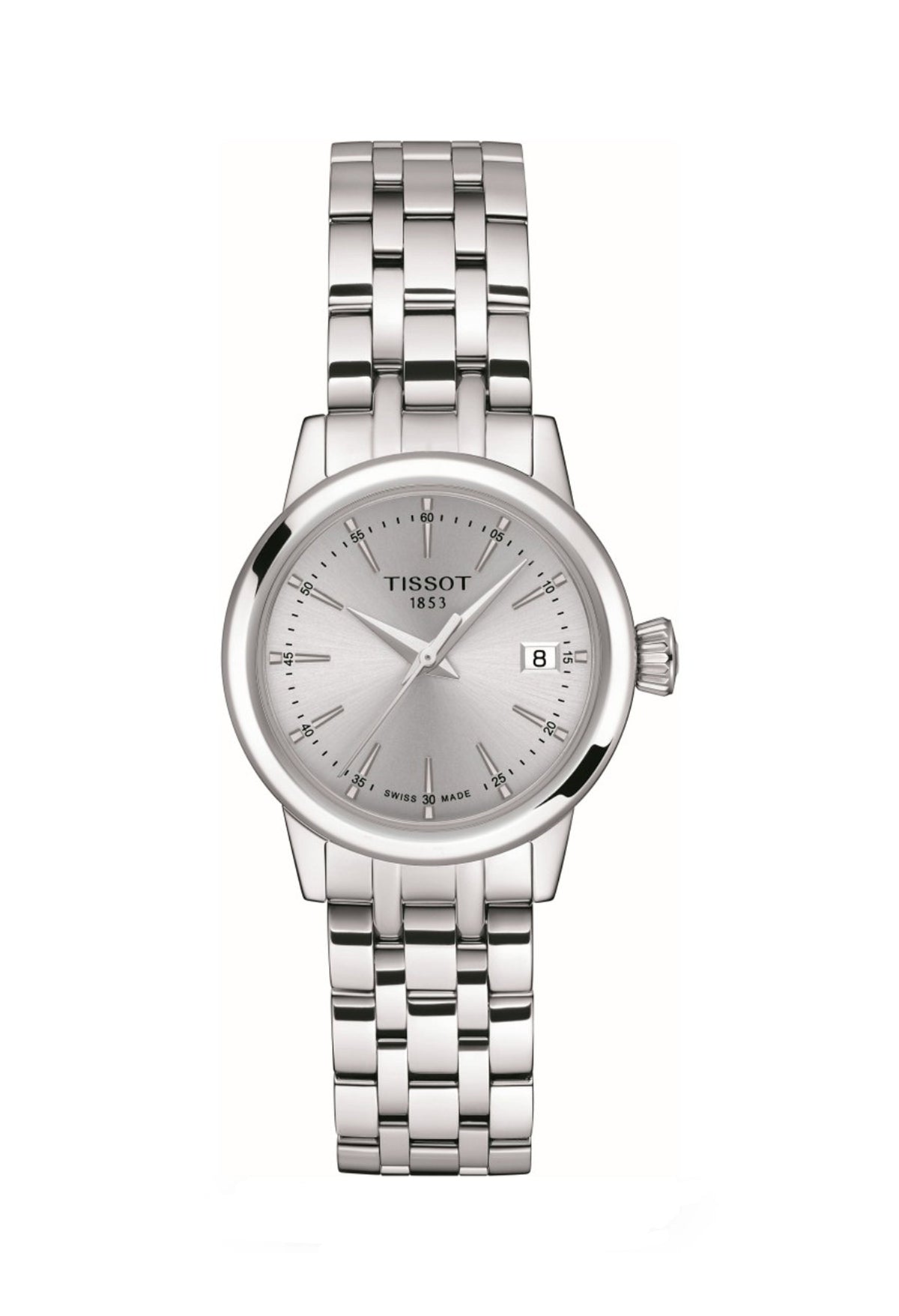 Close-up of the Tissot Classic Dream stainless steel watch featuring a clear view of the watch face & date display.