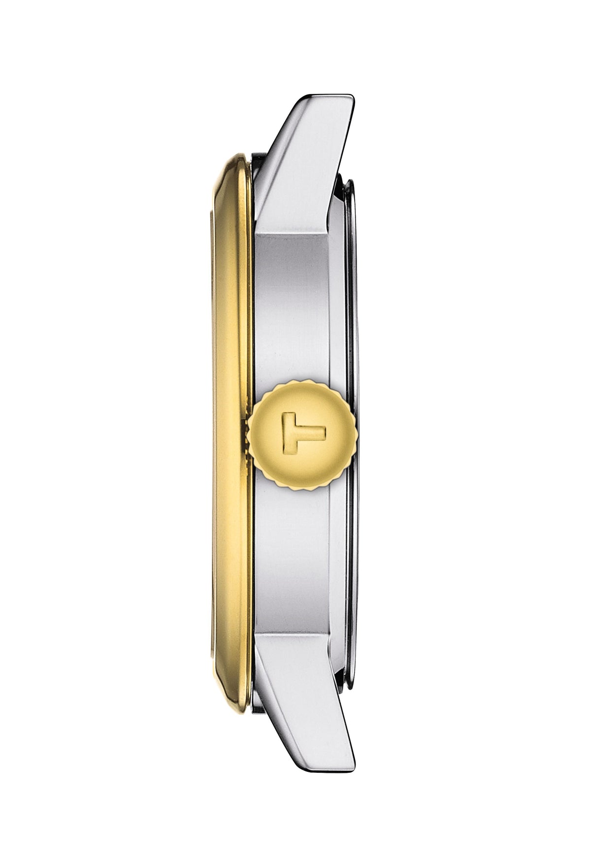 Close-up side view of the Tissot Classic Dream Lady watch showcasing its stainless steel and gold-plated design.
