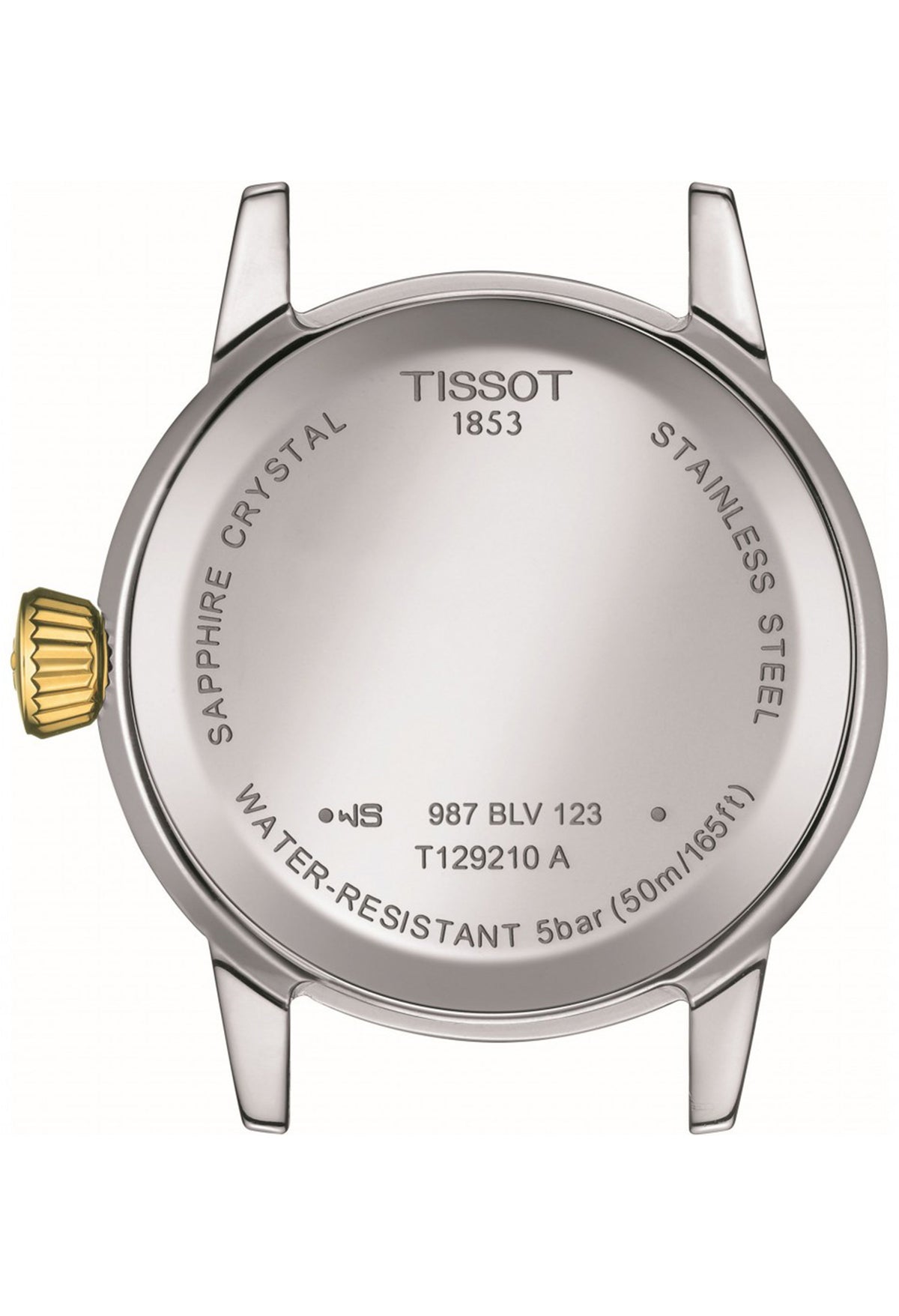 Case back of Tissot Classic Dream Lady watch showing serial number T129210A, stainless steel, water resistance (50m/165ft) &