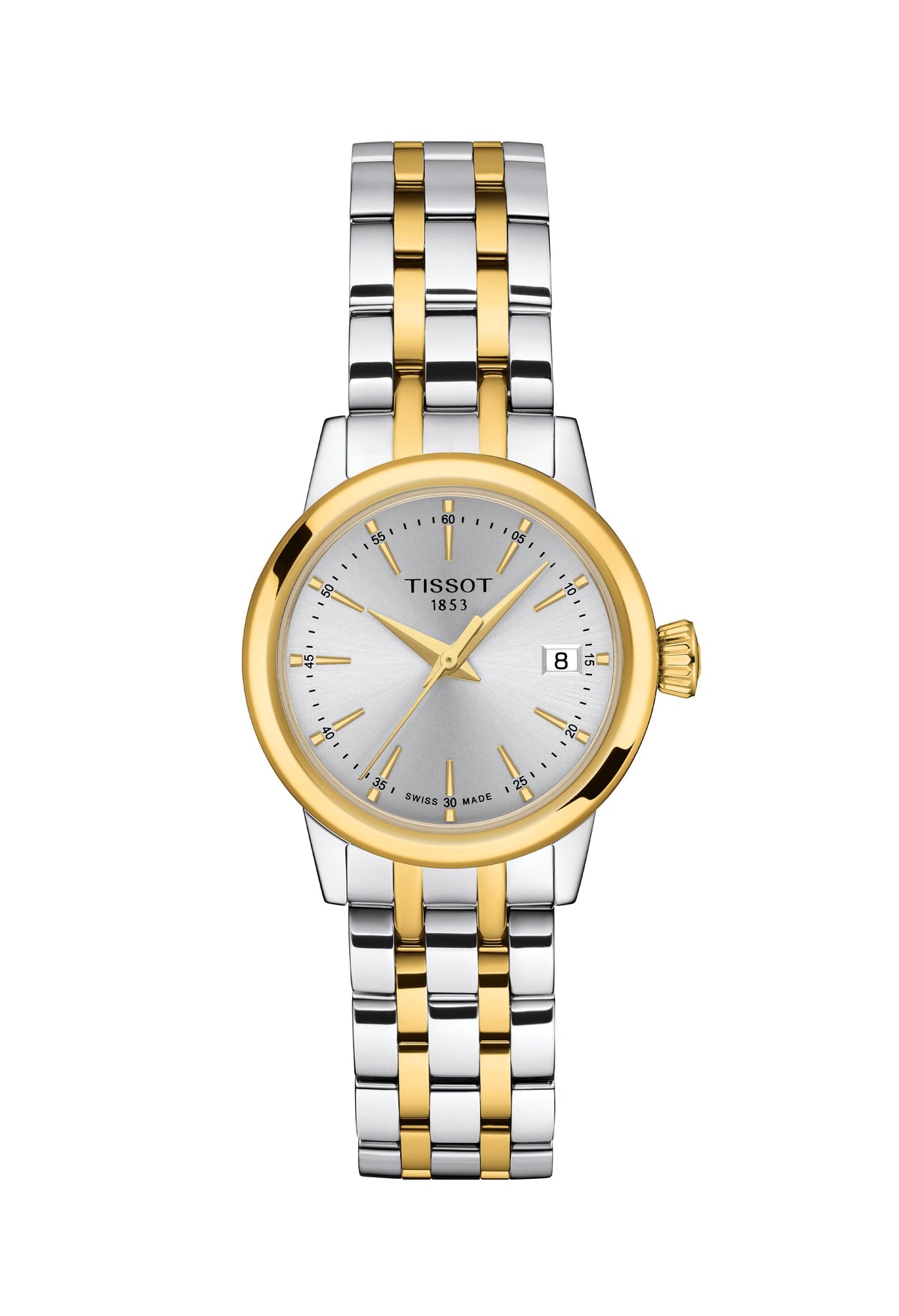 Elegant Tissot Classic Dream Lady watch displaying a stainless steel and gold-plated band with date.