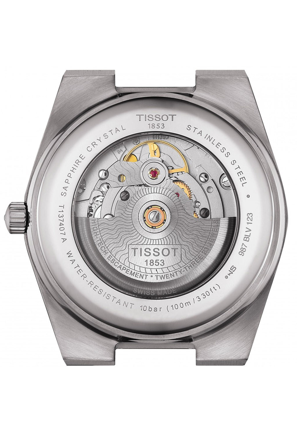 Tissot PRX watch caseback showing automatic movement, sapphire crystal, stainless steel, and water resistance details.