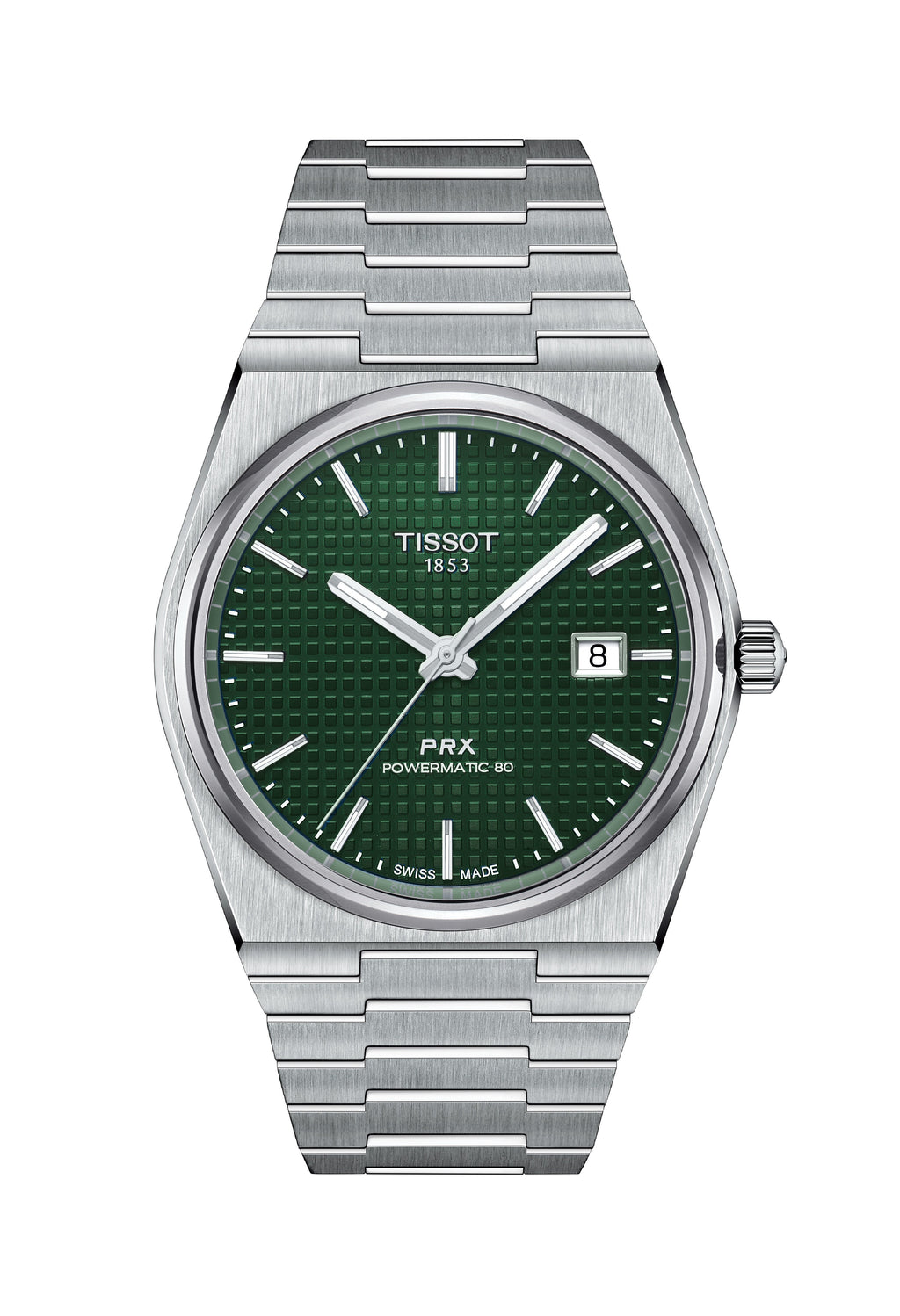 Tissot PRX Powermatic 80 watch showcasing the green dial and stainless steel bracelet. Classic Swiss-made time piece.