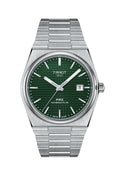 Tissot PRX Powermatic 80 watch showcasing the green dial and stainless steel bracelet. Classic Swiss-made time piece.