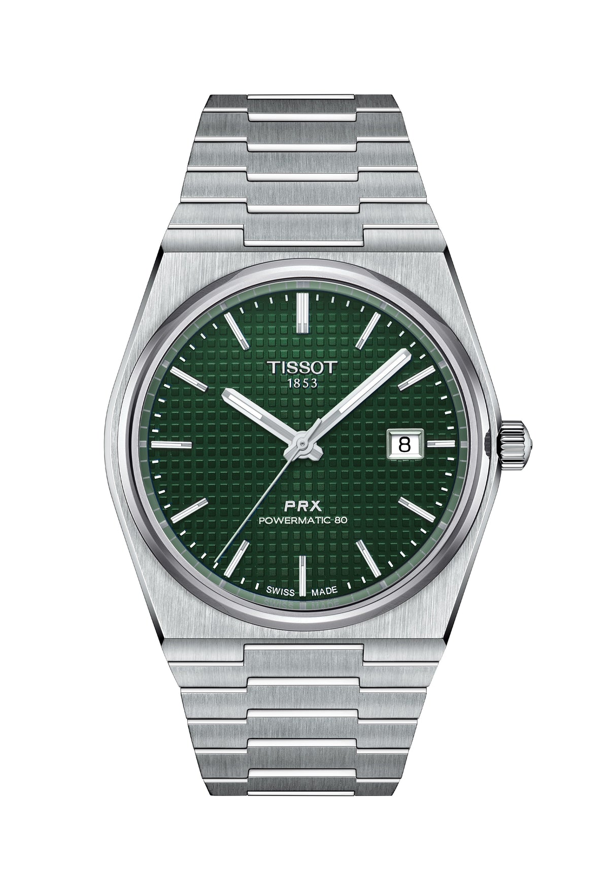 Tissot PRX Powermatic 80 watch showcasing the green dial and stainless steel bracelet. Classic Swiss-made time piece.