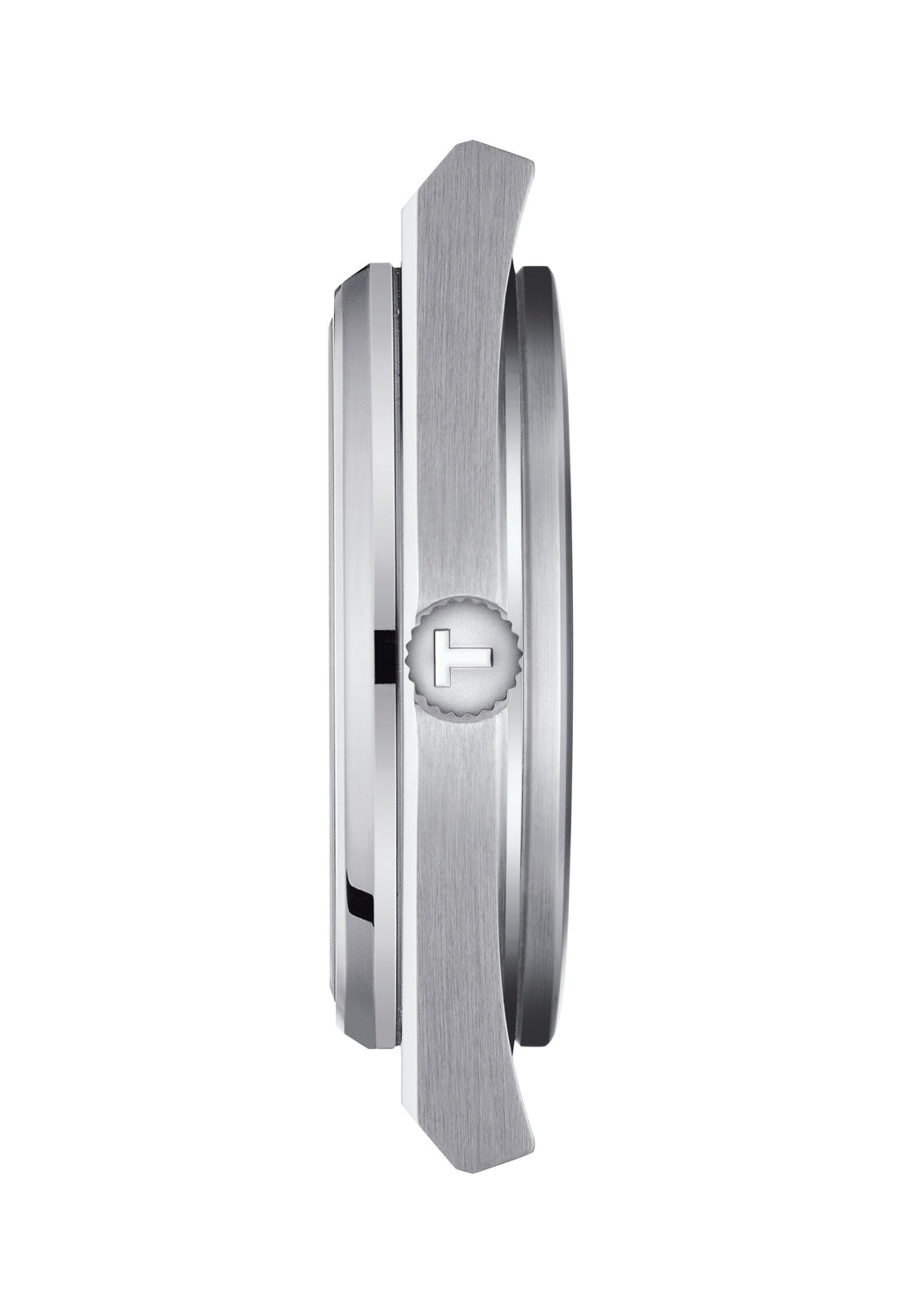 Close-up side view of the Tissot PRX Powermatic 80, showcasing the watch's stainless steel case and textured crown detail.