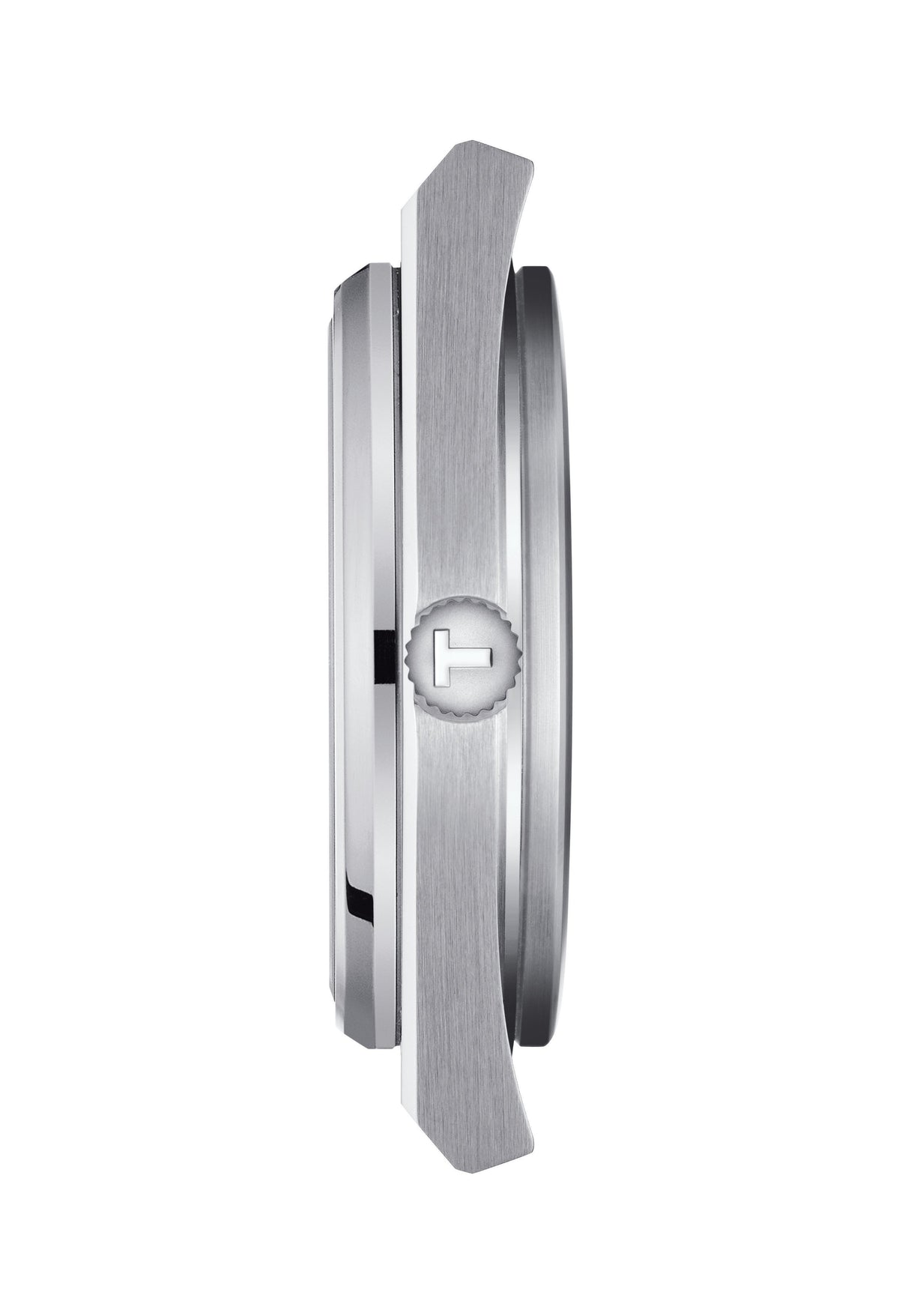 Close-up side view of the Tissot PRX Powermatic 80, showcasing the watch's stainless steel case and textured crown detail.