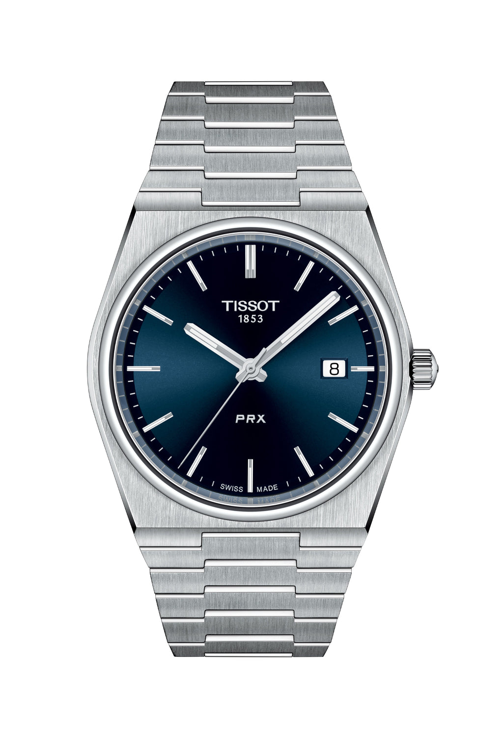 Close-up of Tissot PRX watch with blue dial & stainless steel bracelet. Tissot 1853 & PRX logos visible. Showcases watch