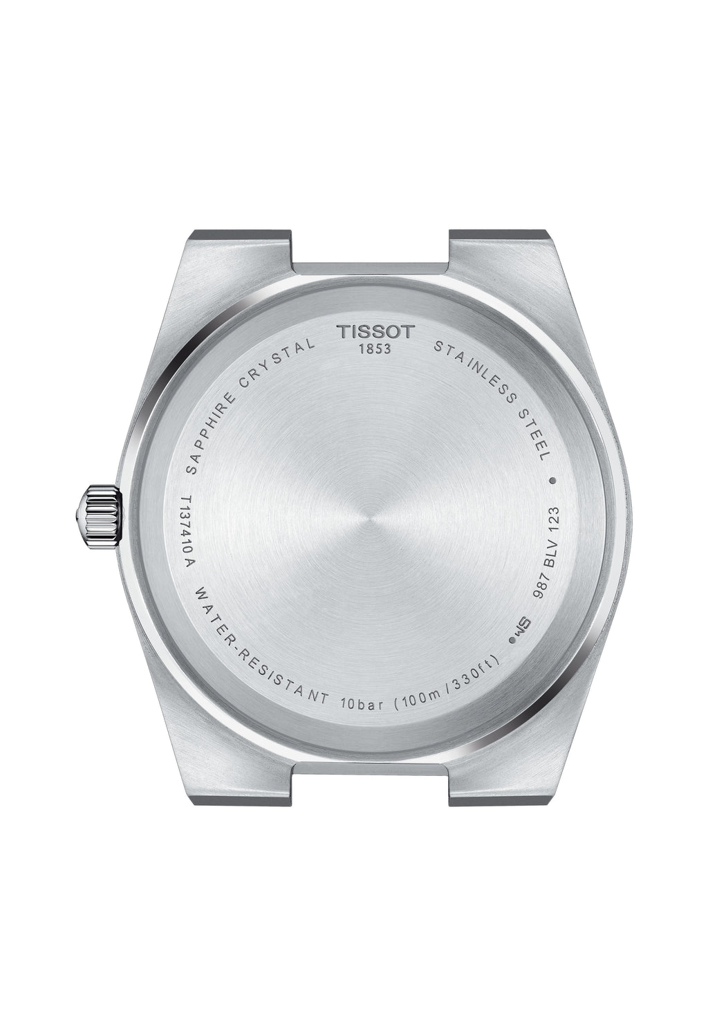 Close-up of the Tissot PRX 40mm watch caseback, featuring stainless steel, sapphire crystal, model T137410A, and 100m water