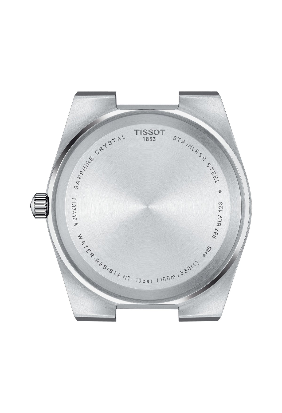 Close-up of the Tissot PRX 40mm watch caseback, featuring stainless steel, sapphire crystal, model T137410A, and 100m water