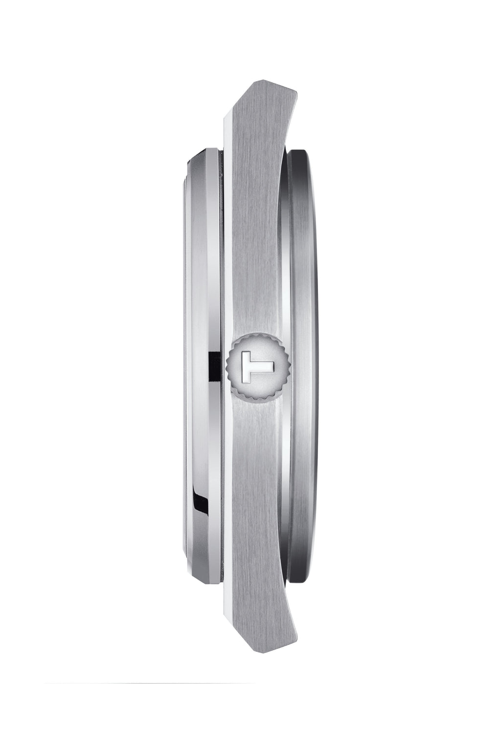 Side view of the Tissot PRX 40mm blue dial watch, showcasing its sleek case design and bracelet detail.