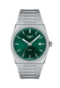 Tissot PRX watch displaying the emerald green dial and stainless steel bracelet design, a stylish men's timepiece.