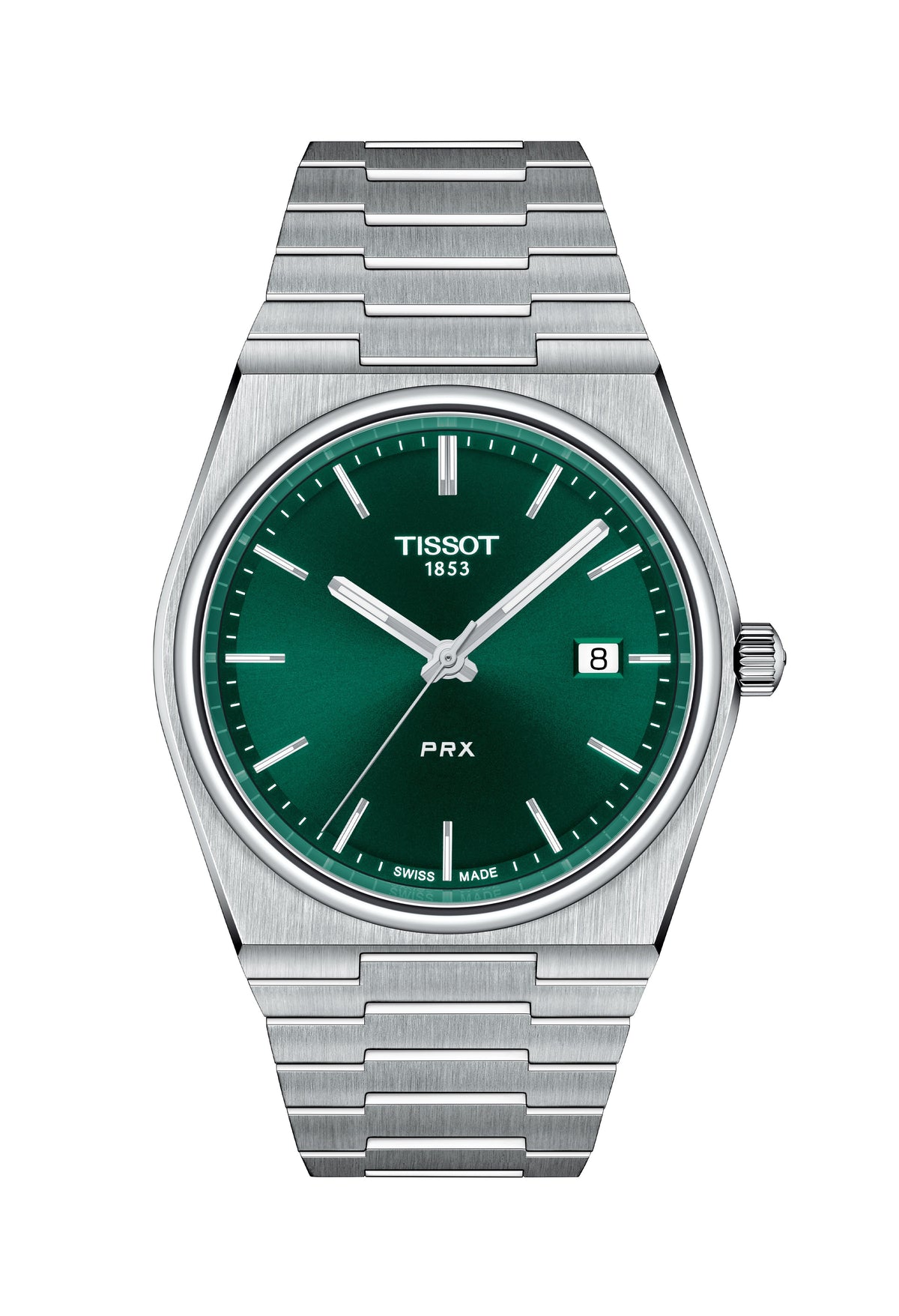 Tissot PRX watch displaying the emerald green dial and stainless steel bracelet design, a stylish men's timepiece.