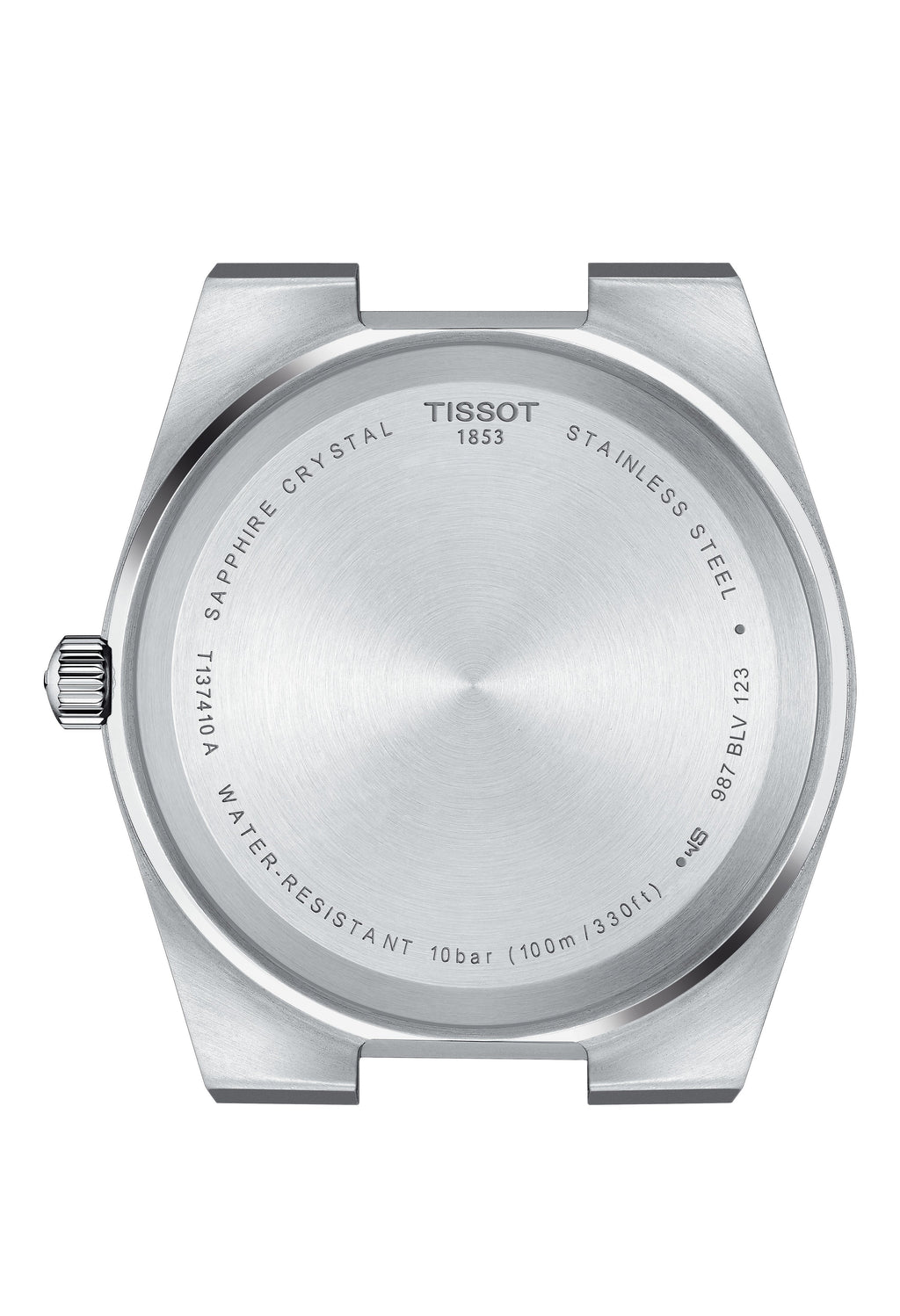 Tissot PRX watch caseback detail showing stainless steel, sapphire crystal, and water resistance rating.