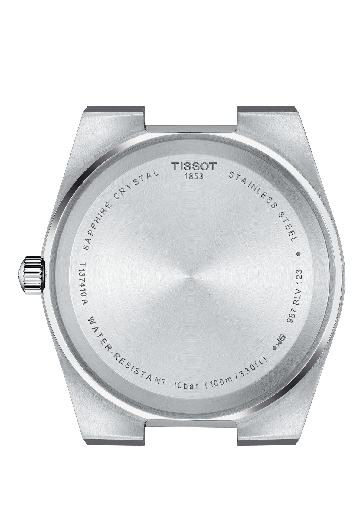 Tissot PRX watch caseback detail showing stainless steel, sapphire crystal, and water resistance rating.
