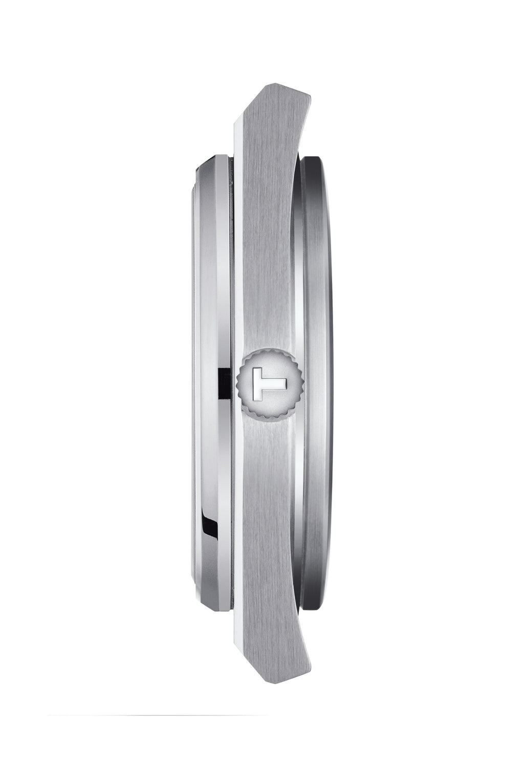 Side view of the Tissot PRX stainless steel watch showcasing its slim profile and signature crown detail.