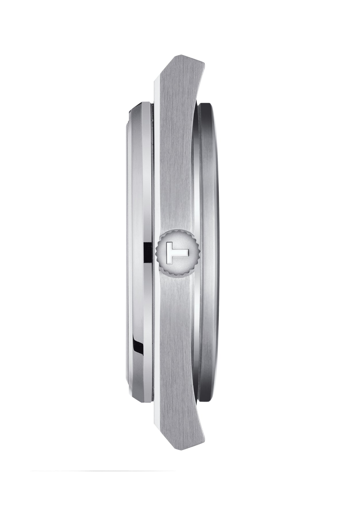 Side view of the Tissot PRX stainless steel watch showcasing its slim profile and signature crown detail.