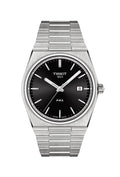Tissot PRX stainless steel watch showcasing the black dial with date display at 3 o'clock. TISSOT 1853 and PRX on dial.