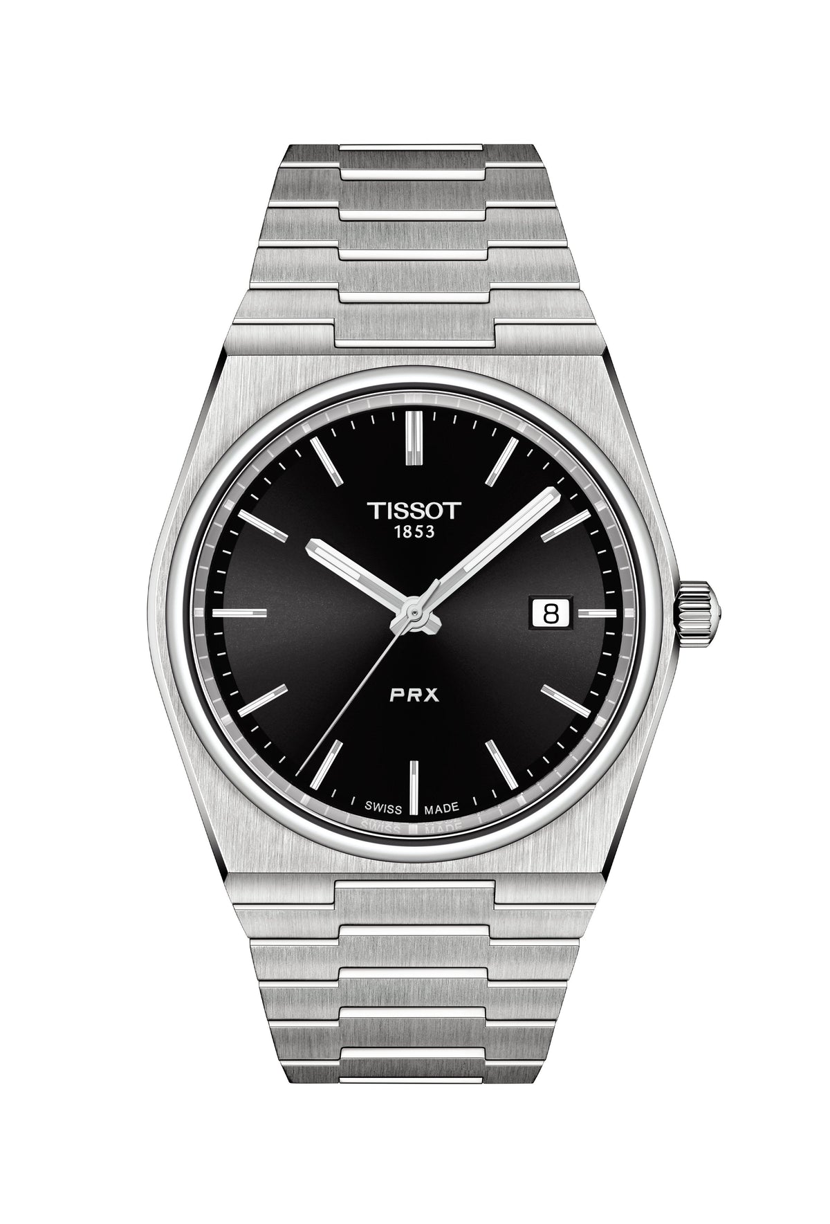 Tissot PRX stainless steel watch showcasing the black dial with date display at 3 o'clock. TISSOT 1853 and PRX on dial.