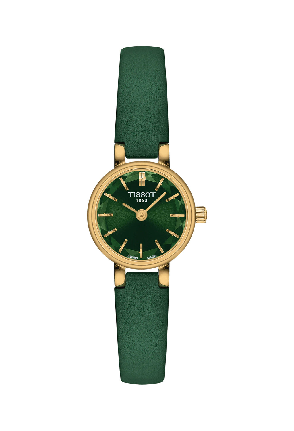 The Ladies Tissot Lovely Round Green Strap Watch Gold Plated, a green gold-plated watch from Tissot, available at OD’s Jewellers in St Helens.