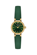 The Ladies Tissot Lovely Round Green Strap Watch Gold Plated, a green gold-plated watch from Tissot, available at OD’s Jewellers in St Helens.