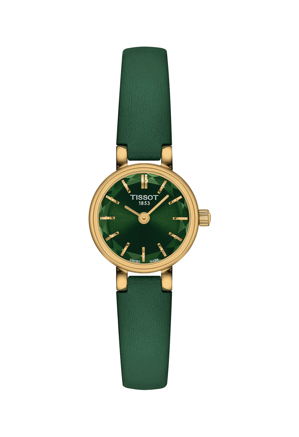 The Ladies Tissot Lovely Round Green Strap Watch Gold Plated, a green gold-plated watch from Tissot, available at OD’s Jewellers in St Helens.