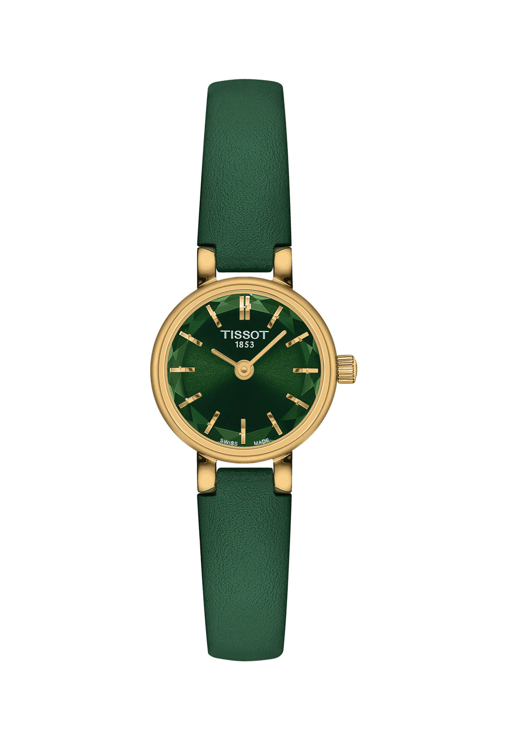 The Ladies Tissot Lovely Round Green Strap Watch Gold Plated, a green gold-plated watch from Tissot, available at OD’s Jewellers in St Helens.