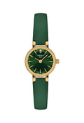 The Ladies Tissot Lovely Round Green Strap Watch Gold Plated, a green gold-plated watch from Tissot, available at OD’s Jewellers in St Helens.