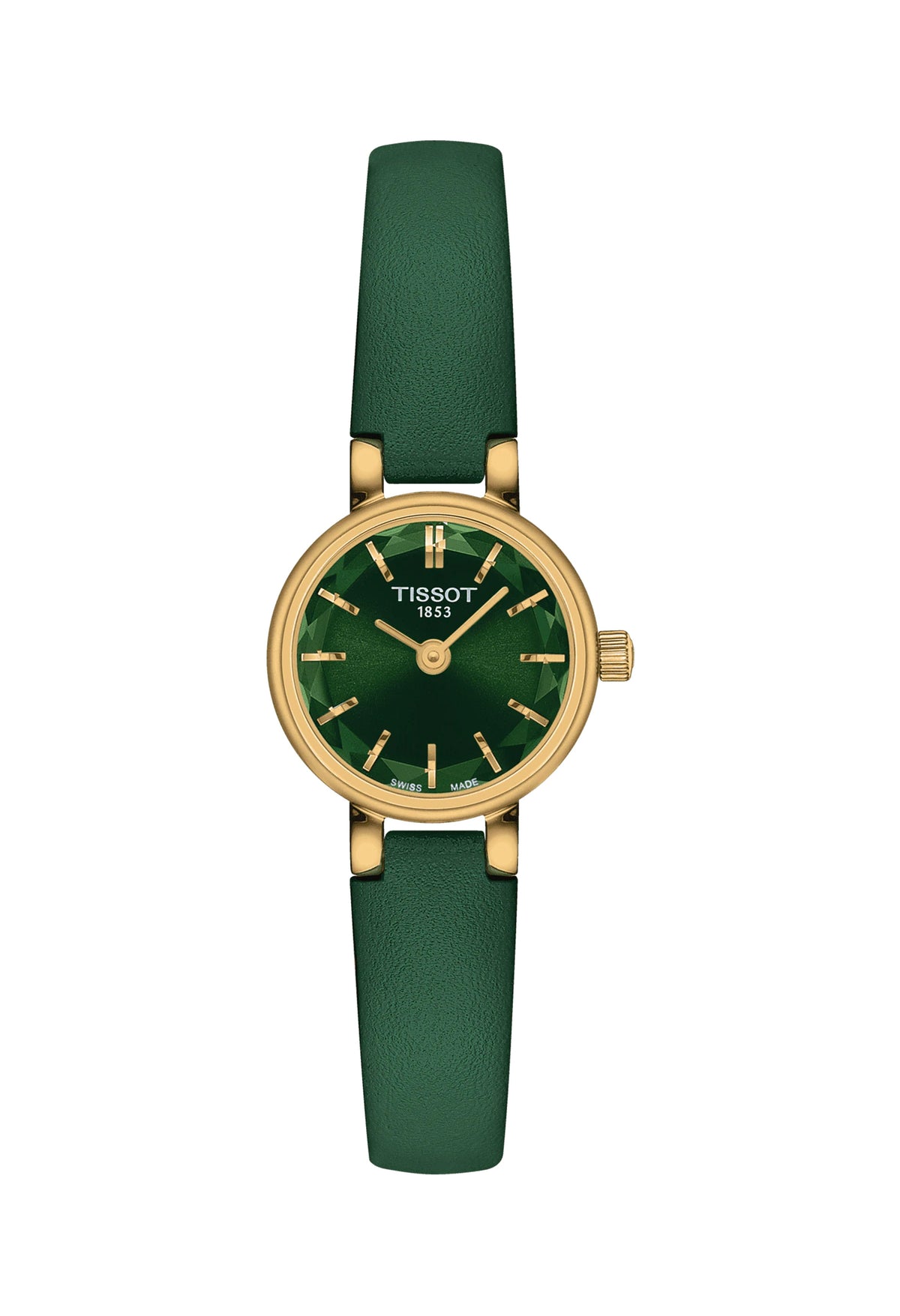 The Ladies Tissot Lovely Round Green Strap Watch Gold Plated, a green gold-plated watch from Tissot, available at OD’s Jewellers in St Helens.