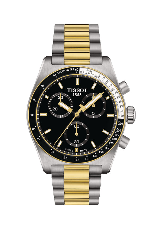 Mens Tissot PR516 Black Dial Chronograph Bracelet Watch Stainless Steel GP **