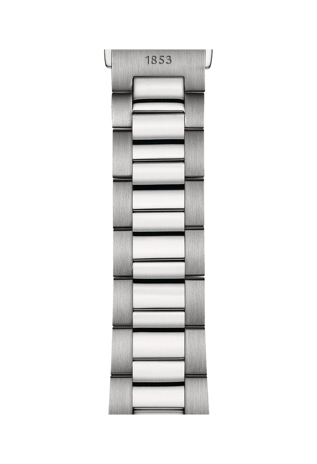 Close-up of the Tissot PR100 watch bracelet showing the stainless steel links and the "1853" engraving detail.