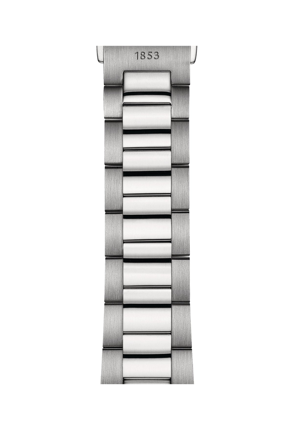 Close-up of the Tissot PR100 watch bracelet showing the stainless steel links and the "1853" engraving detail.