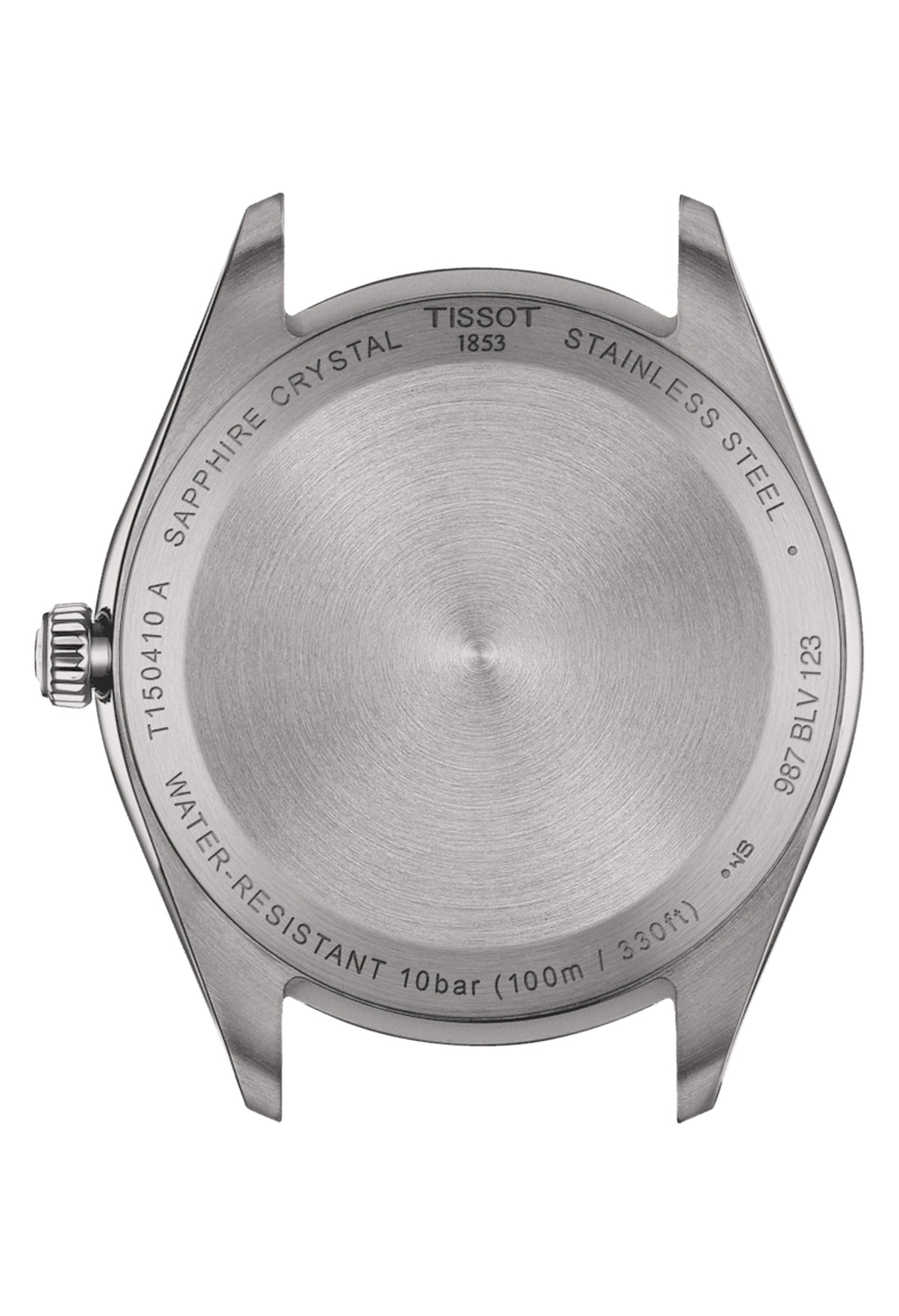 Tissot PR100 watch caseback detail showing "Sapphire Crystal," "Stainless Steel," and water resistance (100m/330ft).