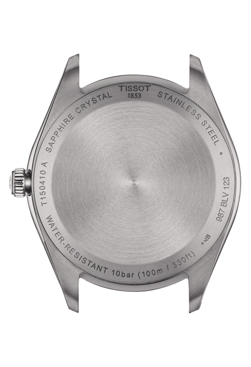 Tissot PR100 watch caseback detail showing "Sapphire Crystal," "Stainless Steel," and water resistance (100m/330ft).