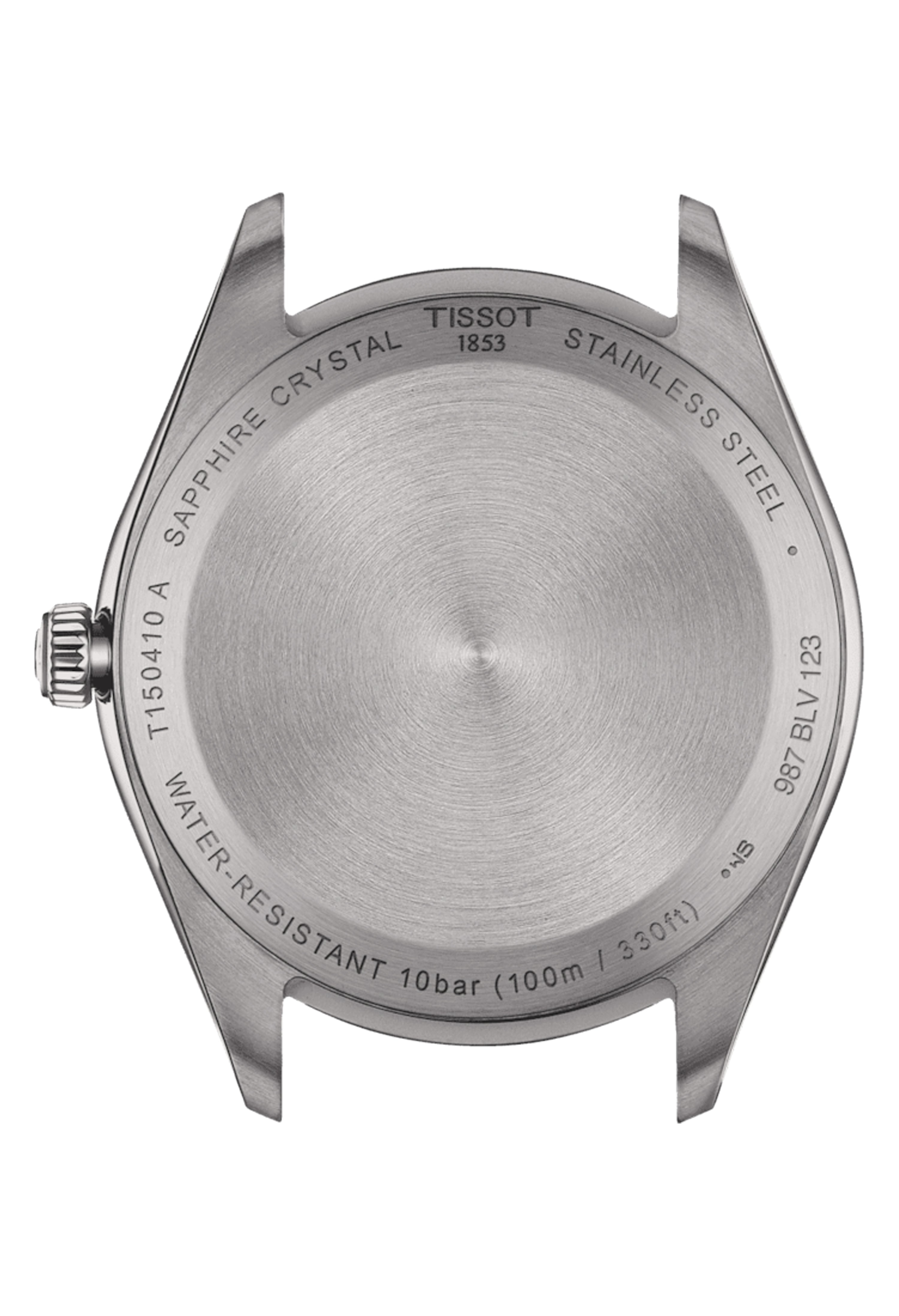 Tissot PR100 watch caseback detail showing "Sapphire Crystal," "Stainless Steel," and water resistance (100m/330ft).