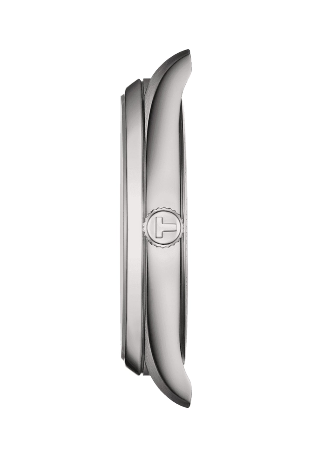 Side profile of the Tissot PR100 watch showcasing its stainless steel case and the 'T' logo on the crown.